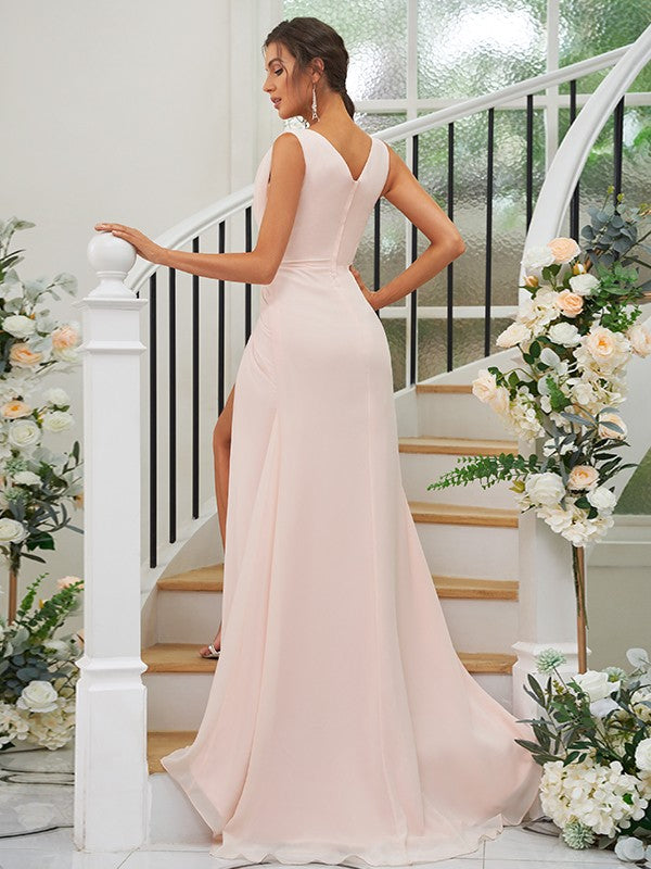 A-Line/Princess Chiffon Ruched V-neck Sleeveless Sweep/Brush Train Bridesmaid Dresses