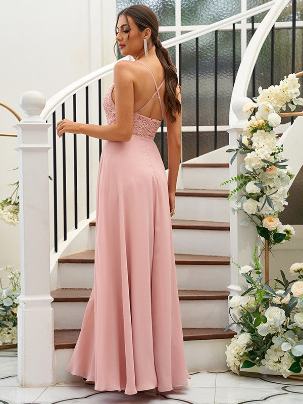 A-Line/Princess Chiffon Lace V-neck Sleeveless Floor-Length Bridesmaid Dresses