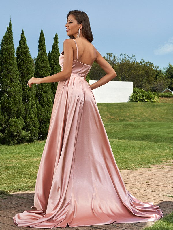 A-Line/Princess Silk like Satin Ruffles V-Neck Sleeveless Sweep/Brush Train Bridesmaid Dresses