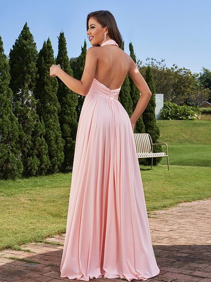 A-Line/Princess Jersey Ruched Halter Sleeveless Floor-Length Bridesmaid Dresses