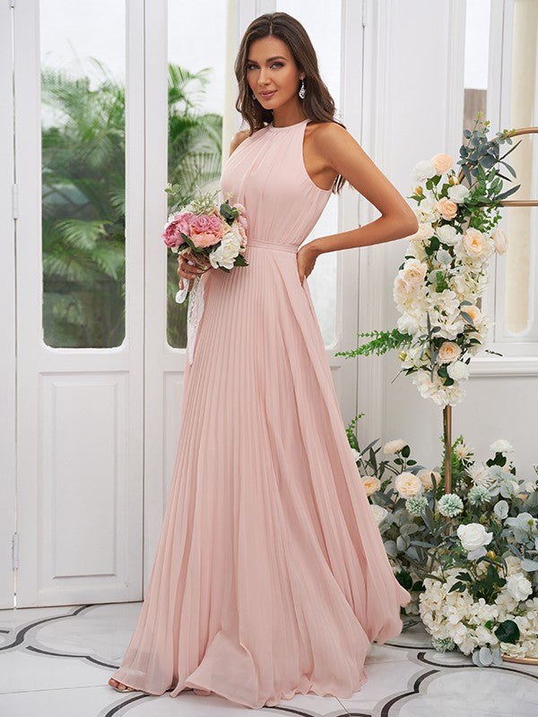 A-Line/Princess Chiffon Ruffles Halter Sleeveless Floor-Length Bridesmaid Dresses