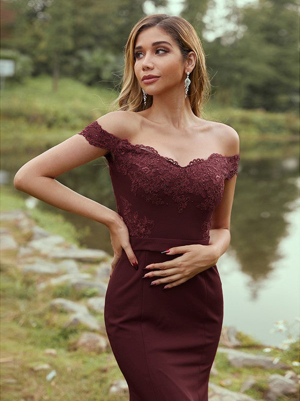 Sheath/Column Stretch Crepe Applique Off-the-Shoulder Sleeveless Sweep/Brush Train Bridesmaid Dresses