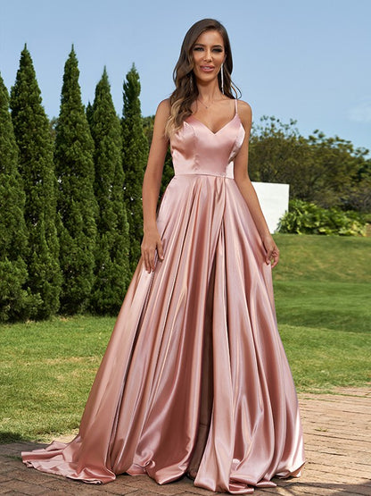 A-Line/Princess Silk like Satin Ruffles V-Neck Sleeveless Sweep/Brush Train Bridesmaid Dresses