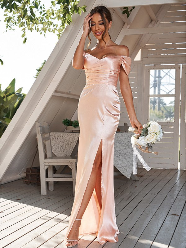 Sheath/Column Silk like Satin Ruched Off-the-Shoulder Sleeveless Floor-Length Bridesmaid Dresses