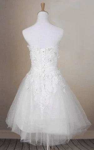 Buyishang Beaded Short Tulle Wedding Dress With Lace Bodice and Straight Neckline