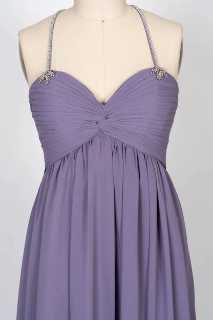 Beaded Strap Sweetheart Twist Knot Violet Chiffon Bridesmaid Dress