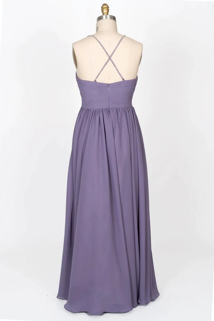 Beaded Strap Sweetheart Twist Knot Violet Chiffon Bridesmaid Dress