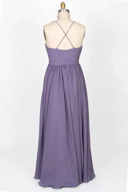 Beaded Strap Sweetheart Twist Knot Violet Chiffon Bridesmaid Dress