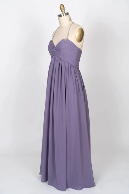 Beaded Strap Sweetheart Twist Knot Violet Chiffon Bridesmaid Dress