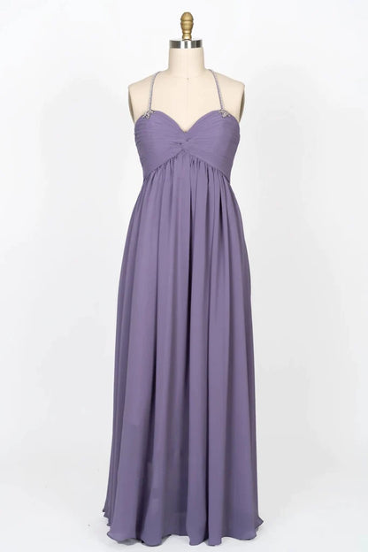 Beaded Strap Sweetheart Twist Knot Violet Chiffon Bridesmaid Dress