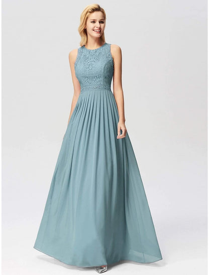 A-Line Prom Dresses Maxi Dress Wedding Guest Prom Floor Length Sleeveless Jewel Neck Bridesmaid Dress Chiffon with Pleats Lace Insert