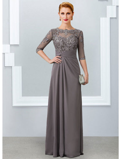 Sheath / Column Mother of the Bride Dress Elegant Jewel Neck Floor Length Chiffon Lace 3/4 Length Sleeve with Appliques