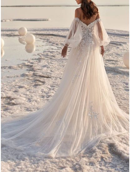 Beach Formal Wedding Dresses A-Line Off Shoulder Long Sleeve Court Train Lace Bridal Gowns With Appliques Summer Fall Wedding Party , Women's Clothing