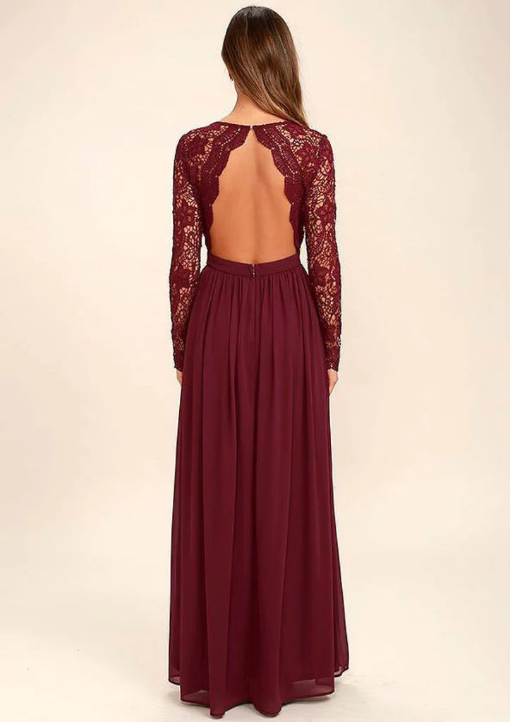 Burgundy Chiffon Long Lace Sleeve Backless Wedding Party Bridesmaid Dress