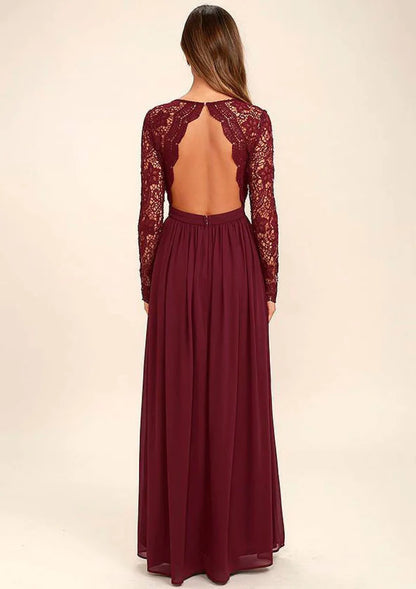 Burgundy Chiffon Long Lace Sleeve Backless Wedding Party Bridesmaid Dress