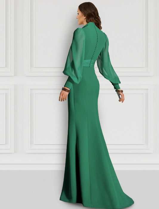 Mermaid / Trumpet Evening Gown Elegant Dress Formal Wedding Guest Sweep / Brush Train Long Sleeve V Neck Fall Wedding Guest Chiffon with Slit Strappy