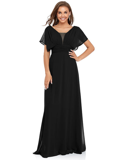 A-Line Elegant Formal Evening Dress V Neck Short Sleeve Floor Length Chiffon with Draping