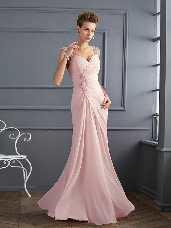 Sheath/Column Straps Sleeveless Beading Long Chiffon Dresses