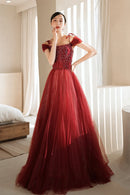 Burgundy Tulle Beaded Long Formal Dress Spaghetti Straps A-line Prom Dress