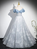 Buyishang A-Line Off Shoulder Tulle Lace Beads Blue Long Prom Dress Blue Long Formal Dress