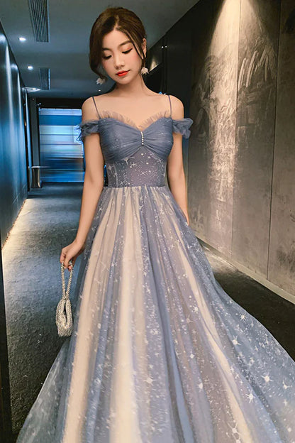 Blue Tulle Long Prom Dress A-Line Spaghetti Strap Graduation Party Dress