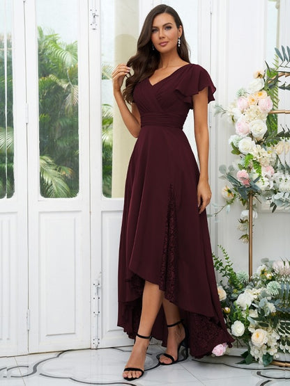 A-Line/Princess Chiffon Lace V-neck Short Sleeves Asymmetrical Bridesmaid Dresses