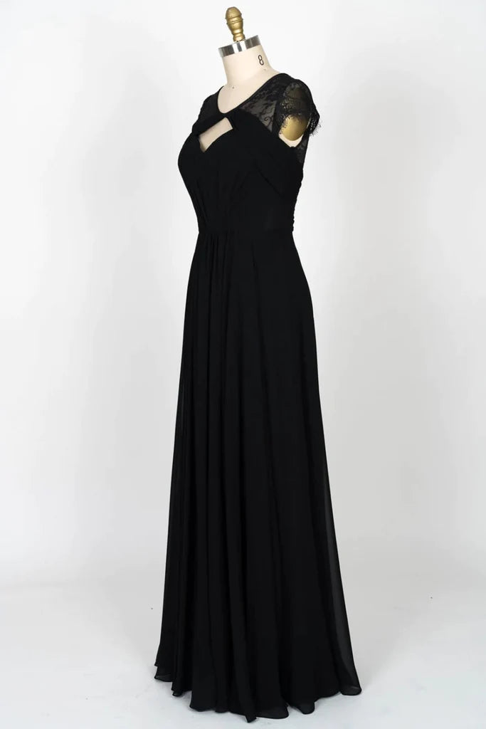 Cap Sleeve Keyhole Gathered Black Chiffon Lace Bridesmaid Dress