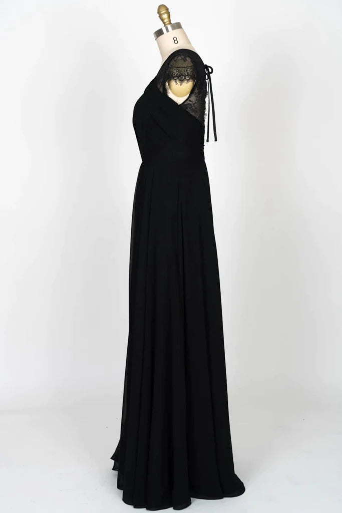 Cap Sleeve Keyhole Gathered Black Chiffon Lace Bridesmaid Dress