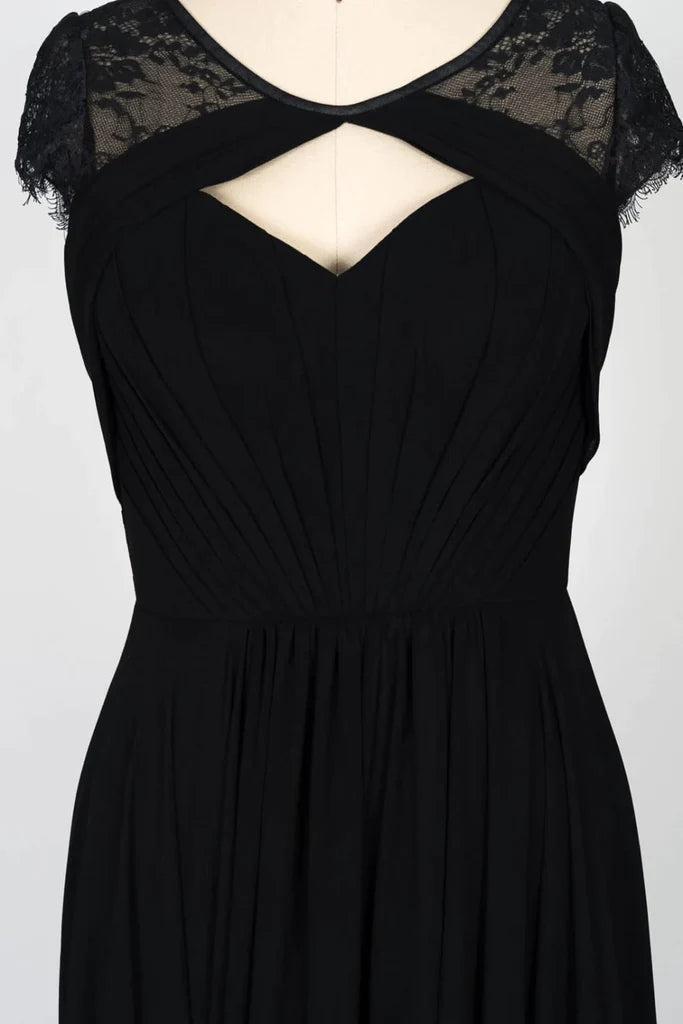 Cap Sleeve Keyhole Gathered Black Chiffon Lace Bridesmaid Dress