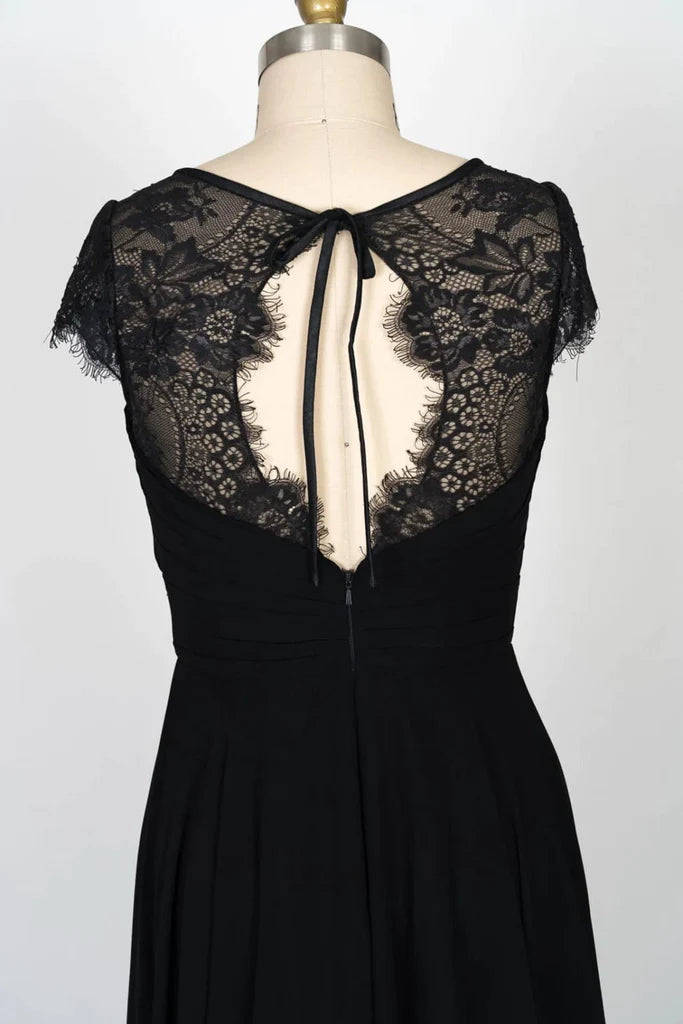 Cap Sleeve Keyhole Gathered Black Chiffon Lace Bridesmaid Dress