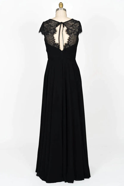 Cap Sleeve Keyhole Gathered Black Chiffon Lace Bridesmaid Dress