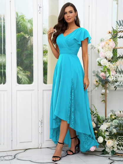 A-Line/Princess Chiffon Lace V-neck Short Sleeves Asymmetrical Bridesmaid Dresses