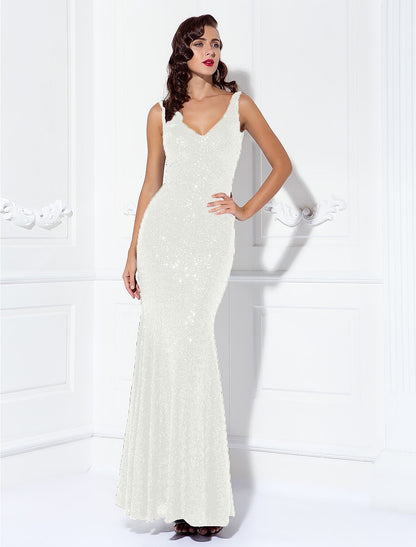 Sheath / Column Sparkle & Shine Dress Wedding Guest Prom Floor Length Sleeveless V Neck Sequined V Back with Sequin