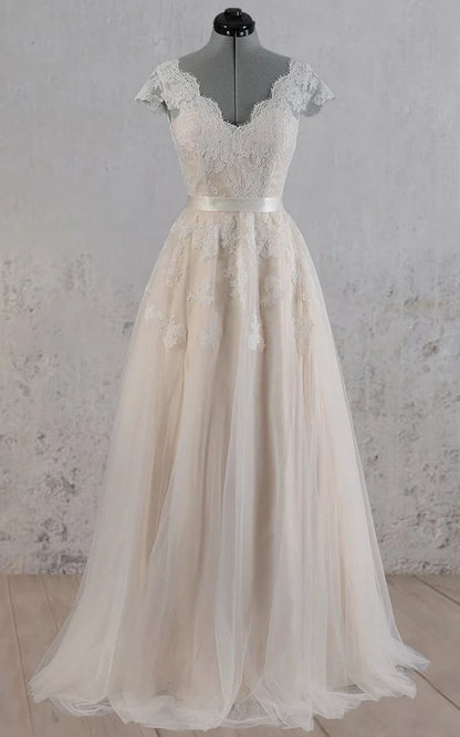 Buyishang Cap Sleeve V-Neck Lace Wedding Dress With Tulle Skirt and V-Back