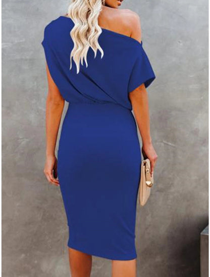 Women's Party Dress Black Dress Cocktail Dress Wedding Guest Dress Midi Dress Wine Blue Short Sleeve Pure Color Ruched Spring Fall Winter Off Shoulder