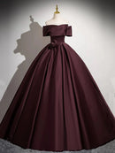 Buyishang A-Line Off the Shoulders Satin Maroon Long Prom Dress Maroon Long Formal Dress