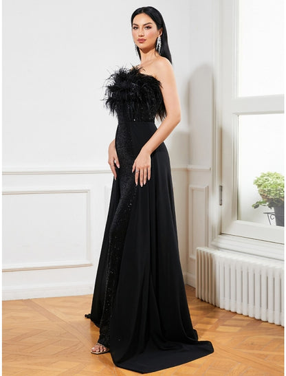 A-Line Evening Gown Black Dress Sparkle & Shine Dress Formal Fall Sweep / Brush Train Sleeveless Strapless Sequined with Feather Glitter