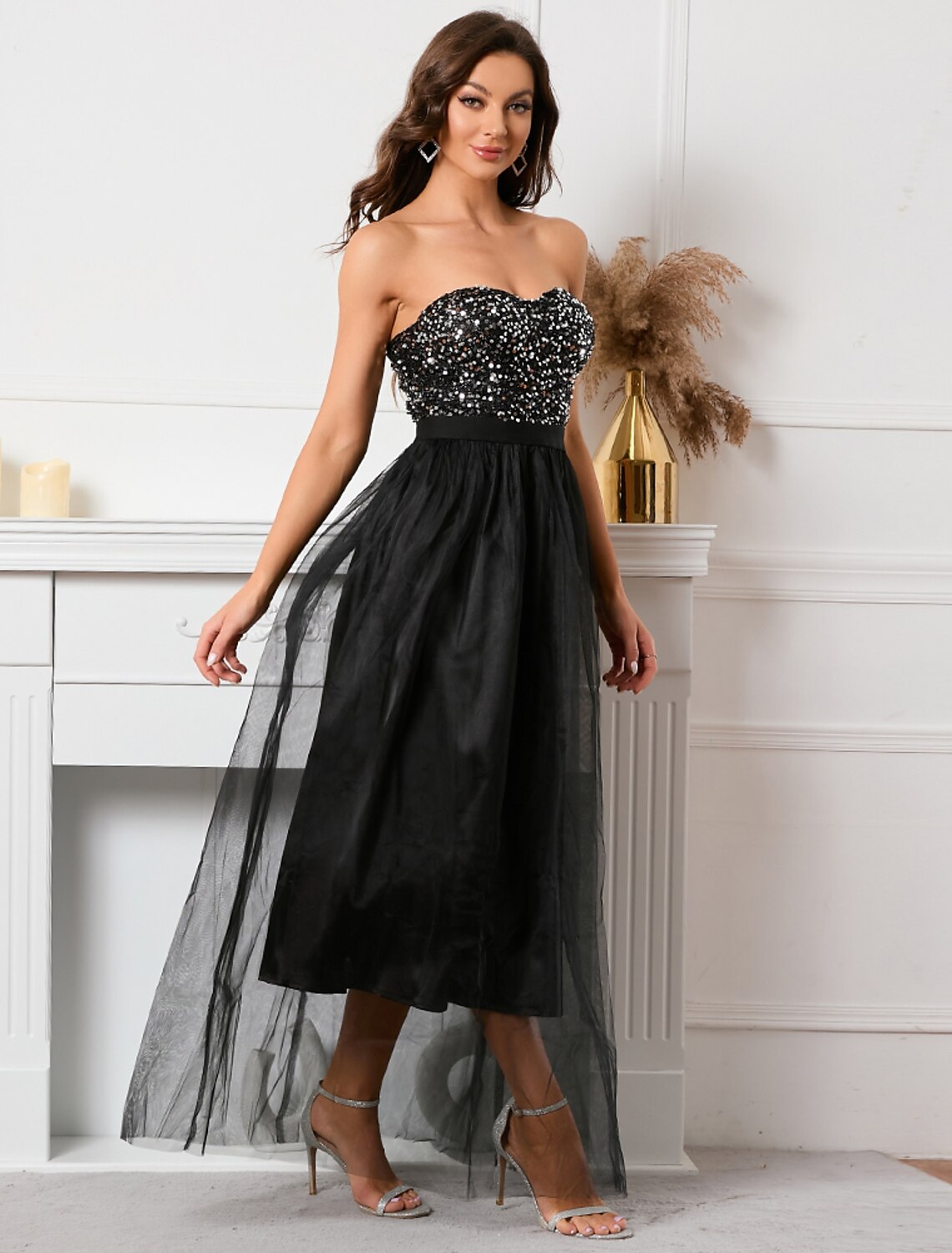 A-Line Party Dresses Vintage Dress Holiday Summer Floor Length Sleeveless Strapless Sequined with Sequin