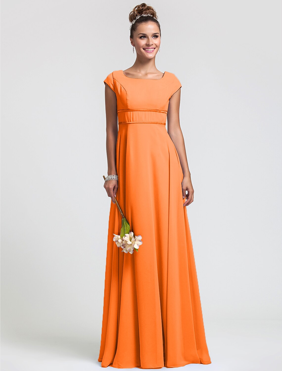 Sheath / Column Bridesmaid Dress Square Neck Short Sleeve Elegant Floor Length Chiffon with Sash / Ribbon / Pleats