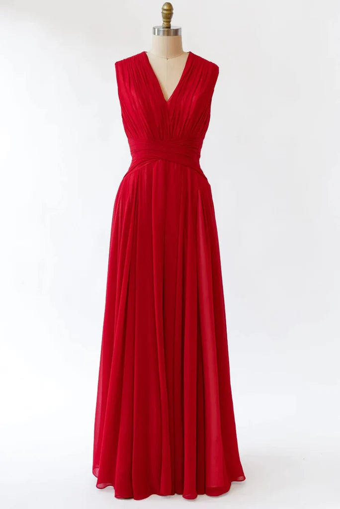 Crinkle V Neck Sleeveless Pleated Red Chiffon Long Bridesmaid Dress