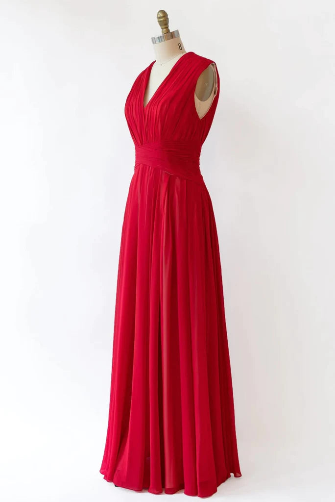 Crinkle V Neck Sleeveless Pleated Red Chiffon Long Bridesmaid Dress