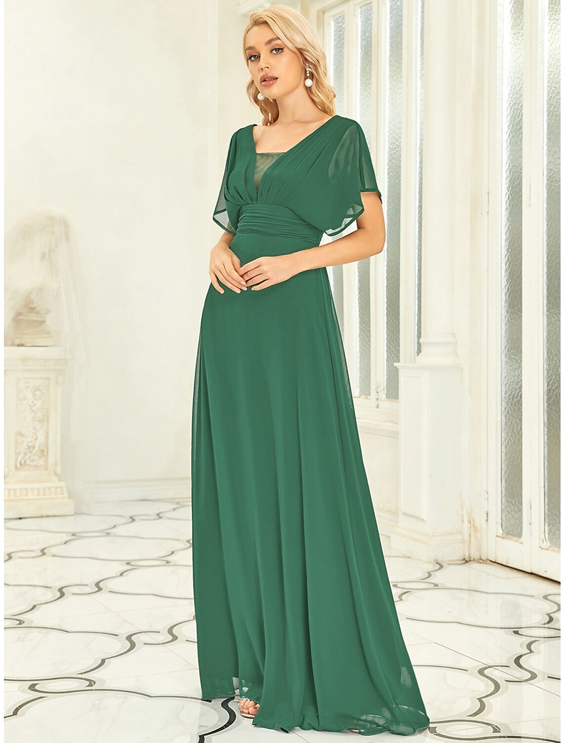 A-Line Elegant Formal Evening Dress V Neck Short Sleeve Floor Length Chiffon with Draping