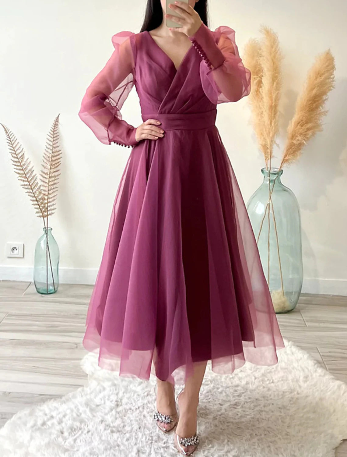 A-Line Cocktail Dresses Minimalist Dress Christmas Wedding Guest Tea Length Long Sleeve V Neck Organza with Buttons Pure Color