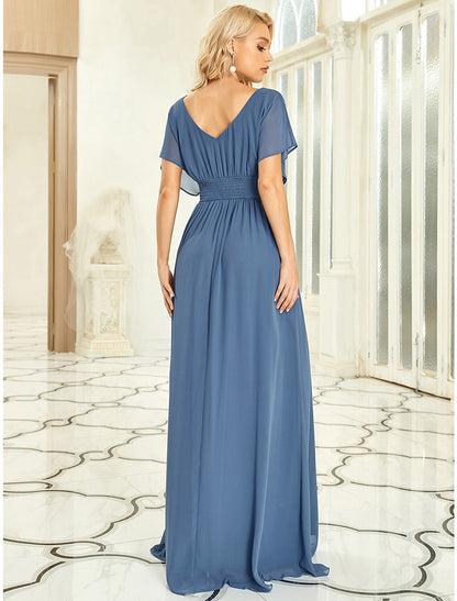 A-Line Elegant Formal Evening Dress V Neck Short Sleeve Floor Length Chiffon with Draping