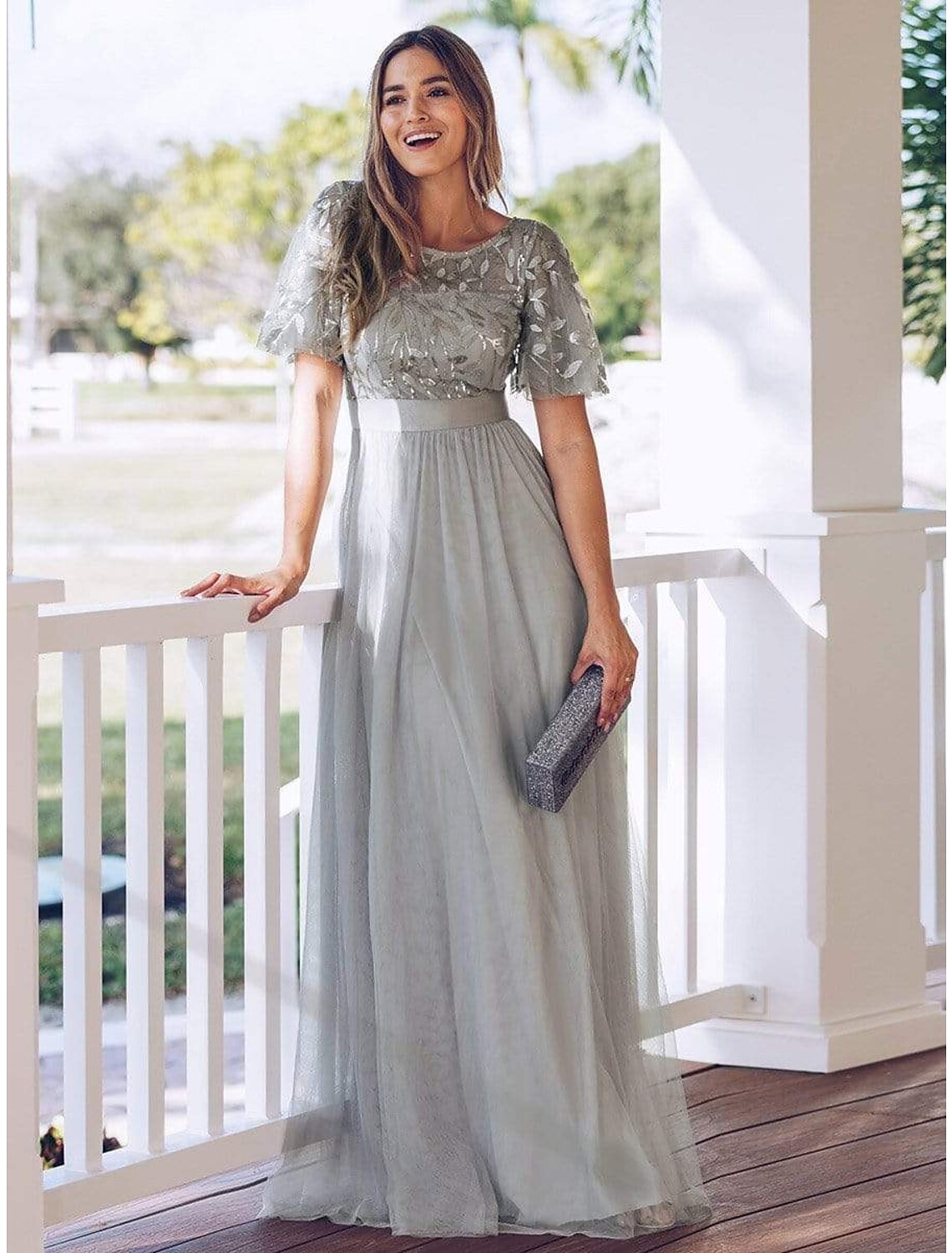 A-Line Empire Elegant Party Wear Prom Dress Jewel Neck Short Sleeve Floor Length Tulle with Embroidery / Illusion Sleeve