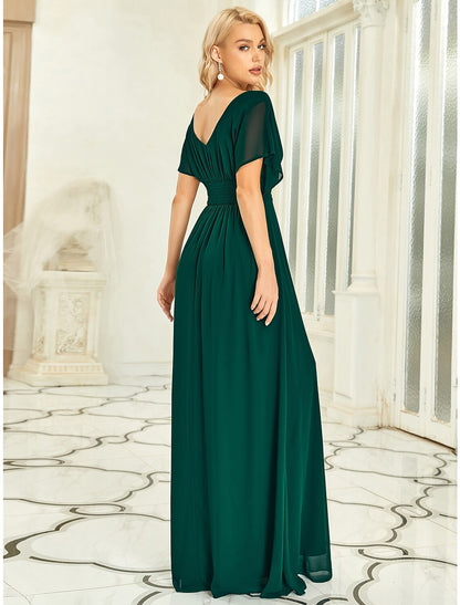 A-Line Elegant Formal Evening Dress V Neck Short Sleeve Floor Length Chiffon with Draping