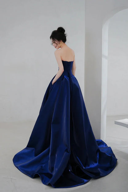 Blue Satin Long A-Line Prom Dress Simple Blue Evening Dress Formal Dress