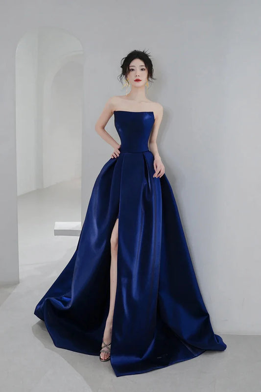 Blue Satin Long A-Line Prom Dress Simple Blue Evening Dress Formal Dress