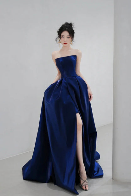 Blue Satin Long A-Line Prom Dress Simple Blue Evening Dress Formal Dress