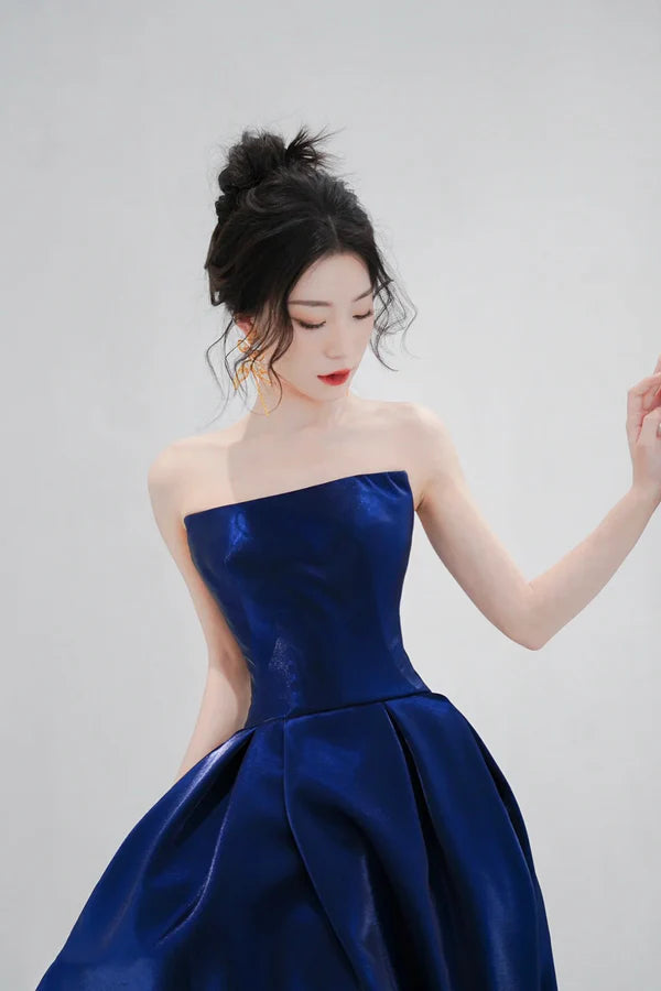 Blue Satin Long A-Line Prom Dress Simple Blue Evening Dress Formal Dress